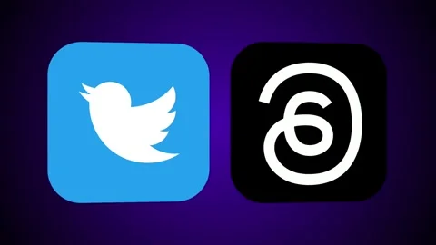 Threads app logo and Twitter logo app. Threads the new application by Meta Platf Stock Footage 245491485