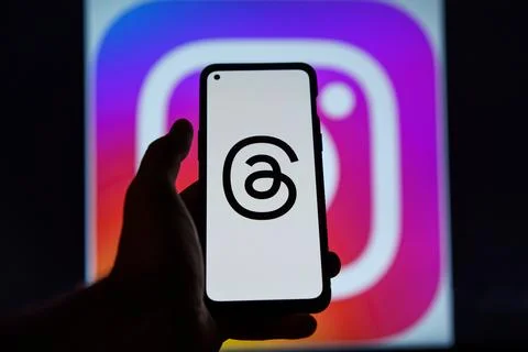 Threads an instagram app logo on mobile phone screen Stock Photos