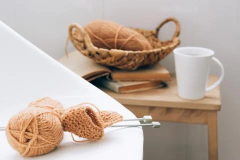 Threads for knitting, from natural environmentally friendly wool, close-up on a Stock Photos