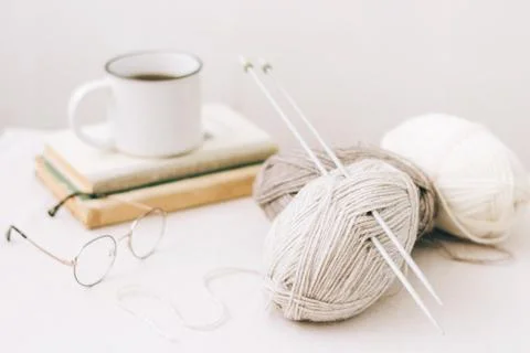 Threads for knitting, from natural environmentally friendly wool, close-up on a Stock Photos