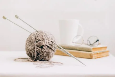 Threads for knitting, from natural environmentally friendly wool, close-up on a Stock Photos