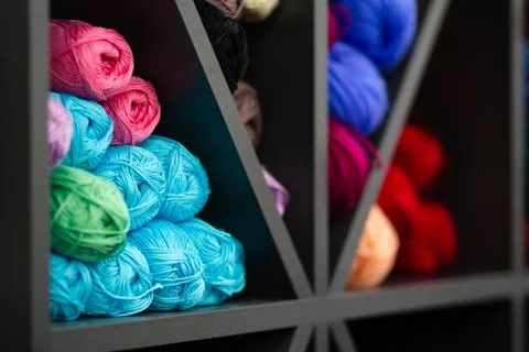 Threads for knitting in store. Stock Photos