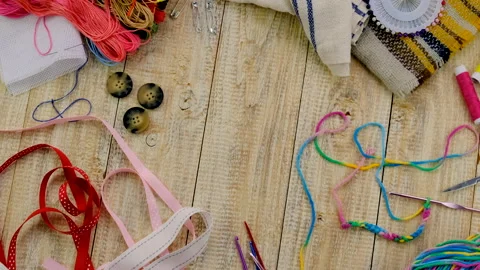 Threads for needlework and accessories. Selective focus. Stock Footage 236363041