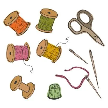 Threads, thimble scissors, needles. Illustrazione stock
