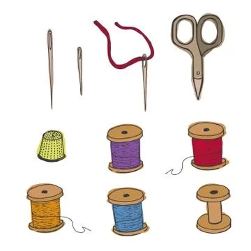 Threads, thimble scissors, needles. Stock Illustration