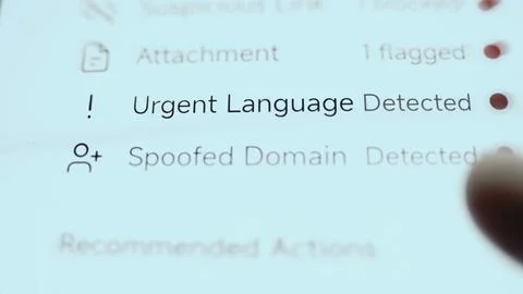 Threat analysis lists one suspicious link blocked, one attachment Stock Photos