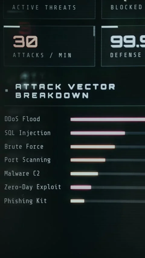 Threat analytics report showing breakdown of cybersecurity attack types Stockbeeldmateriaal 334425120