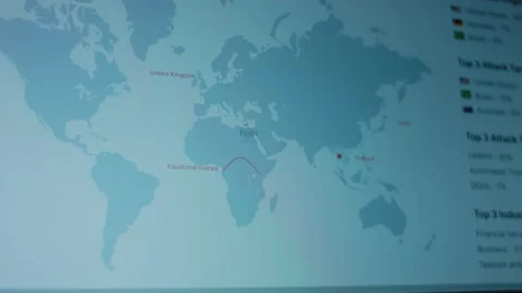 Threat of Cyber Attack on World Map Live on laptop screen. European States Stock Footage 272595035