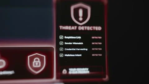 Threat detected panel marks four suspicious indicators including Stock Photos