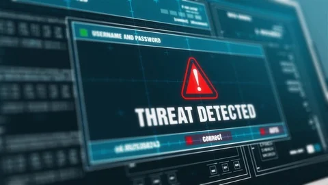 Threat Detected  Warning System Security Alert  on Computer Screen Stock Footage 90101884