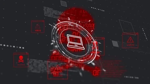 Threat detection activating HUD with laptop icon, rings rotating, pulsing, Stock Footage 335317258