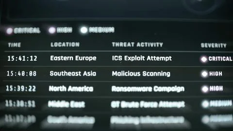Threat table lists an Eastern Europe ICS exploit attempt at 15:41:12 Stock Photos