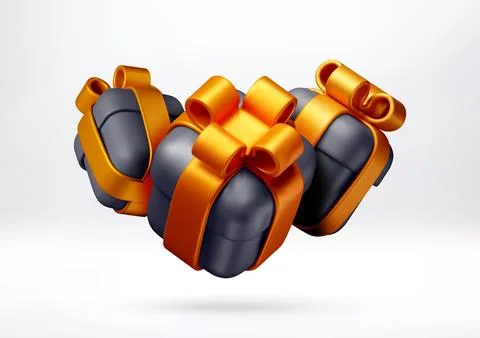Three 3D black gift box with gold ribbon Stock Illustration