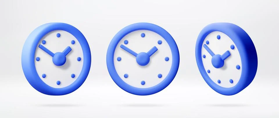 Three 3D blue clocks set in different angles Stock Illustration