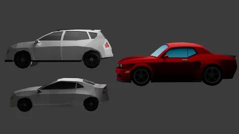 Three 3D car models in grey and red colors, low poly vehicle transportation.. Stock-Illustration