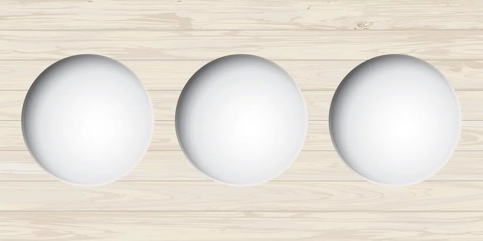 Three of 3D circle frame paper cut style with cut timber panels whitewashed.. Stock Illustration