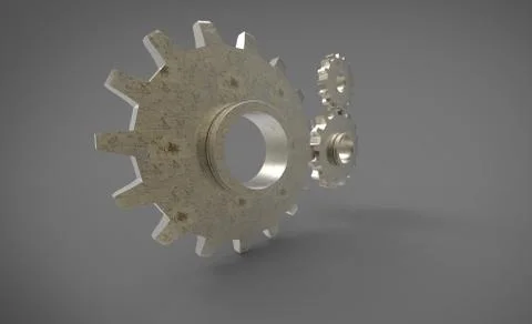 Three 3D cogs yellow big cog on grey gray background Stock Illustration