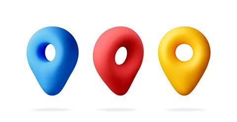 Three 3D location pin icons in blue red and yellow イラスト素材