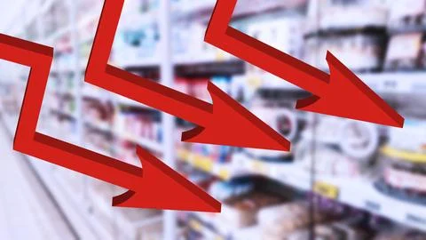 Three 3d red down arrow sign on blur supermarket background. Shelves Stock Photos
