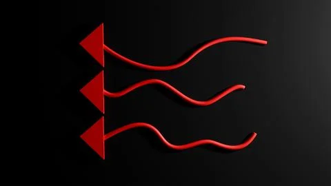 Three 3d red wavy arrows on black background, forward Stock Photos