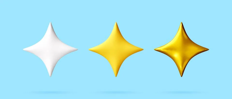 Three 3D star icons in white, yellow and gold colors Stock Illustration