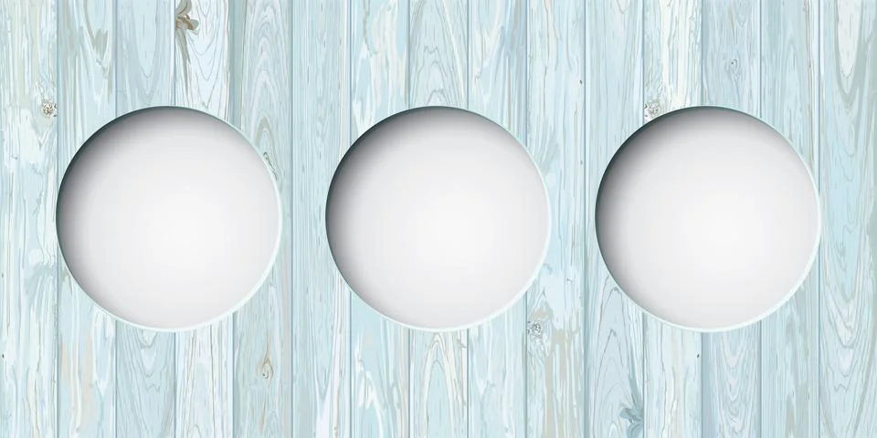 Three of abstract 3D circle frame paper cut style on cut timber panels turq.. Stock Illustration