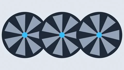 Three abstract circular wheels with radial segments and central dots aligne.. Stock Illustration