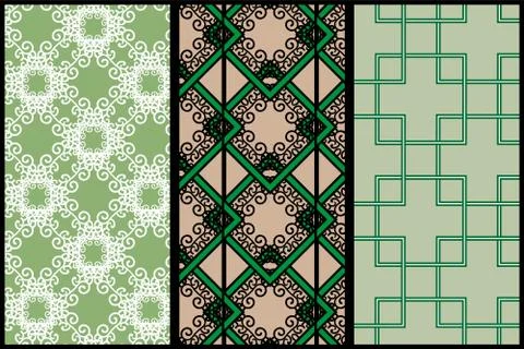 Three abstract green patterns: lace, ornate and geometric Stock Illustration
