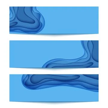 Three abstract horizontal blue flyer collection in cut paper style. Set of Stock Illustration