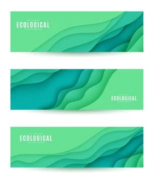 Three abstract horizontal flyer collection in cut paper style. Set of cutout Stock Illustration