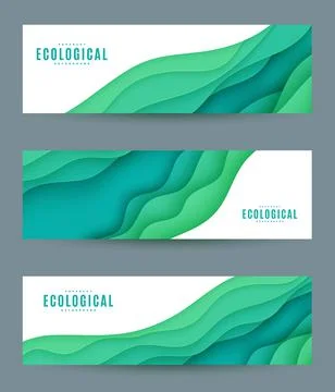 Three abstract horizontal flyer collection in cut paper style. Set of cutout Stock Illustration