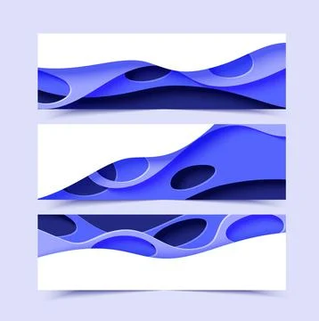 Three abstract horizontal flyer collection in cut paper style. Set of cutout Stock Illustration