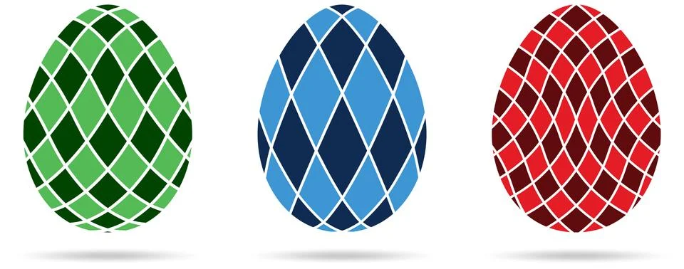 Three abstract mosaic Happy Easter Egg set on white isolated background. Stock Illustration