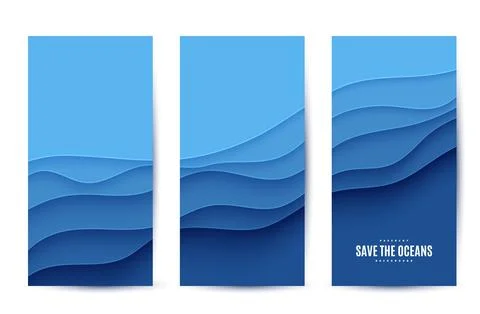 Three abstract vertical flyer collection in cut paper style. Set of cutout blue Stock Illustration