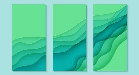 Three abstract vertical flyer collection in cut paper style. Set of cutout green Stock-Illustration