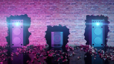 Three acoustic speakers located in a break in a brick wall in neon lighting Stock Footage 314114538