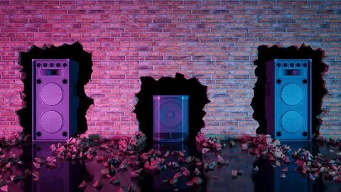 Three acoustic speakers located in a break in a brick wall in neon lighting Stock Illustration