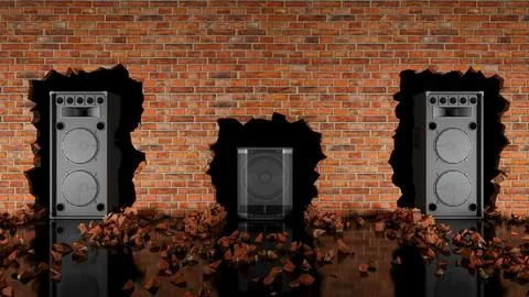 Three acoustic speakers located in a crack in a brick wall Stock Illustration