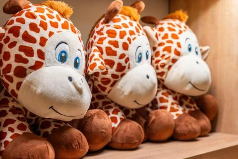 Three Adorable and Soft Plush Giraffe Toys Displayed in daycare or toy store Stock Photos