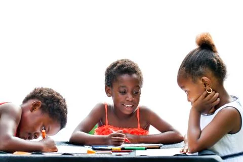 Three african kids drawing together. Stock Photos