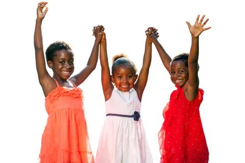 Three african kids joining hands in air. Stock Photos
