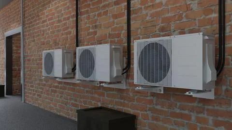 Three air conditioners on a brick wall 3d Stock Illustration