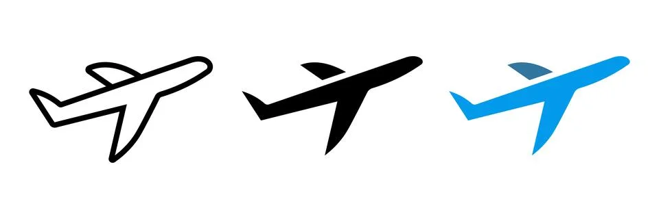 Three airplane outline solid black and blue on white background aircraft Stock Illustration