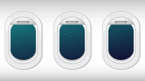 Three Airplane Windows Looking Out at a Starry Night Sky Stock Illustration