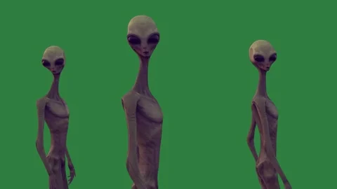 Three alien standing in front of a green screen and group next to each other Video stock 335696521