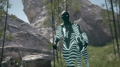 Three Aliens Walks in a Bamboo Forest 3D Rendering Animation Cinematic Scene Stock Footage 197673753