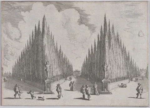 Three alles separated by two groups of trees in pointed configurations, fro.. 스톡 사진