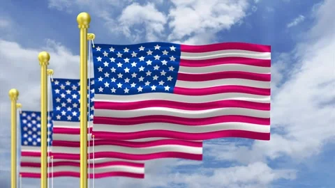 Three American flag waving against a cloudy blue sky time lapse on a golden.. Stock Footage 310399095