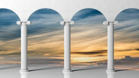 Three ancient pillars with sunset sky background. Stock Illustration