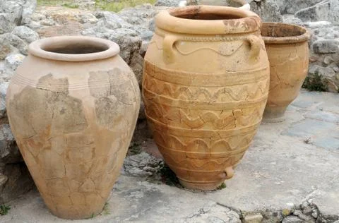 Three ancient pithoi in knossos Stock Photos